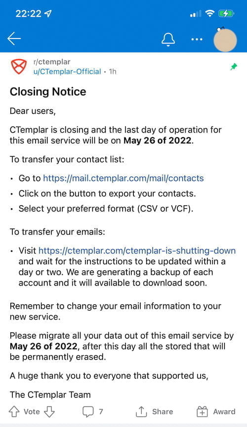 CTemplar is shutting down Closing Notice